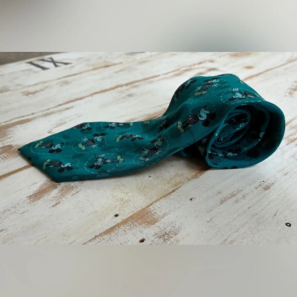 DISNEY CHANNEL Vintage silk neck tie Mickey Mouse cartoon aqua teal RARE 90s EUC - Picture 3 of 9